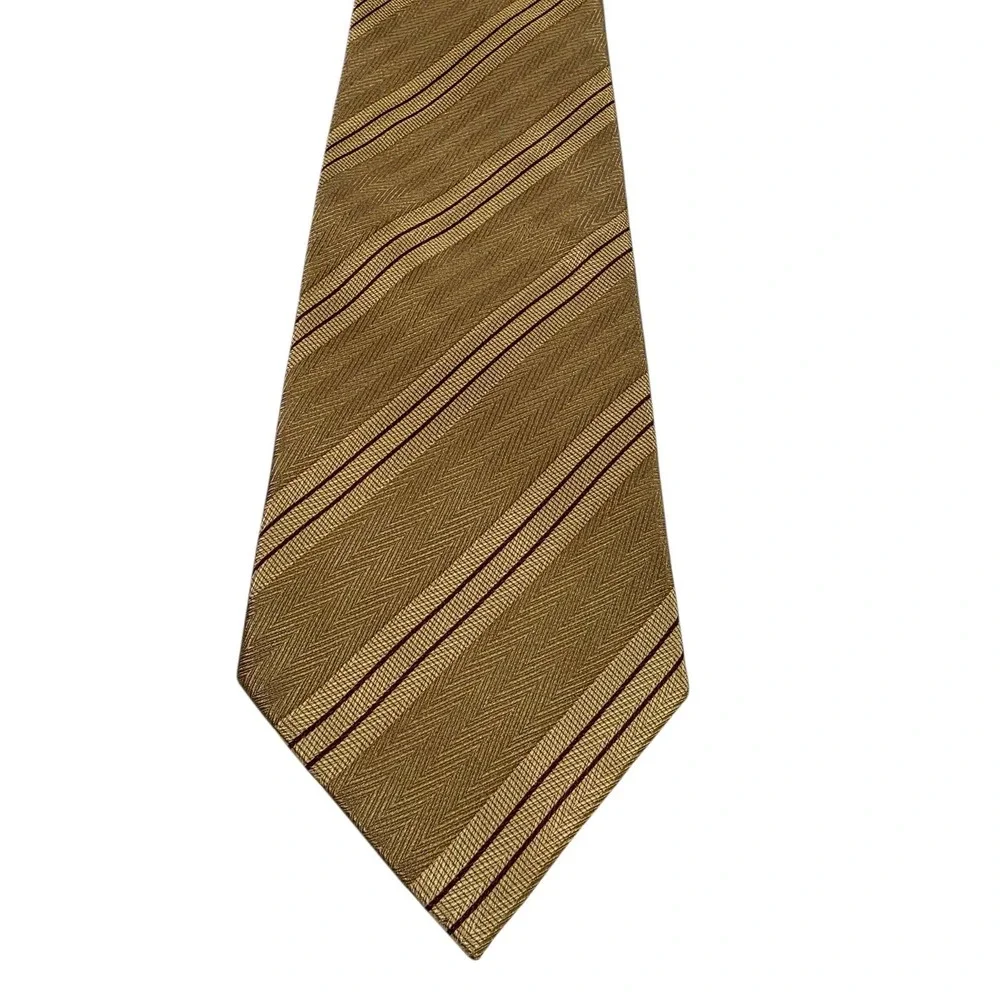 PRAGO Silk Striped Necktie Gold Burgundy Classic Formal Business Luxury Designer
